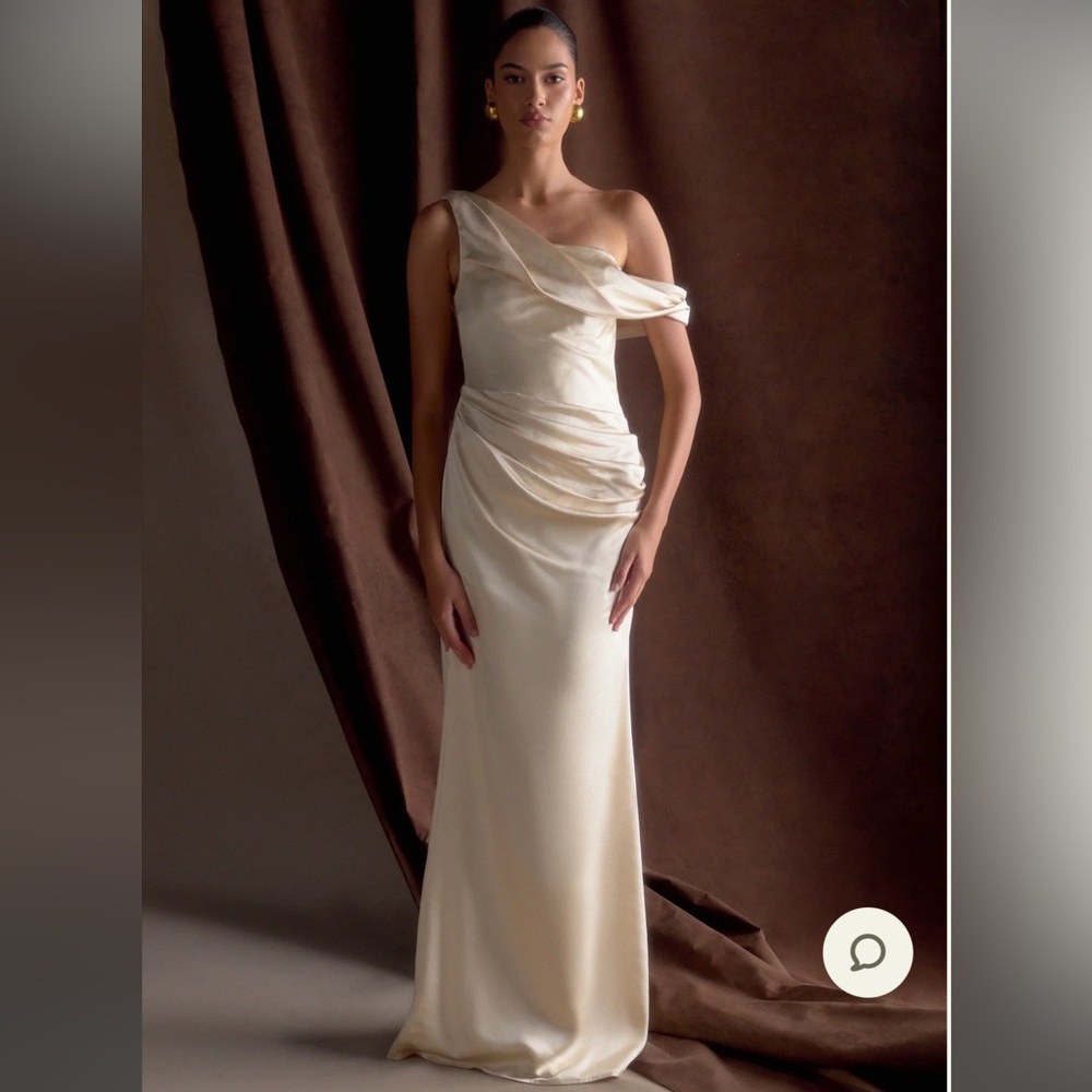 Meshki Blush Gold Ruched One Shoulder Gown
